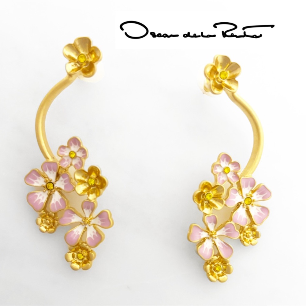 OSCAR DE LA RENTA • Flower Cluster Earrings Pink Enamel Gold Post drop - Picture 3 of 10